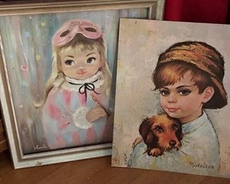 1960's, MIMI, Sherle, Museum Print, Masked Girl with Flute, Original Frame and Medeiros "Tom Sawyer" Boy and Dog Painting Print