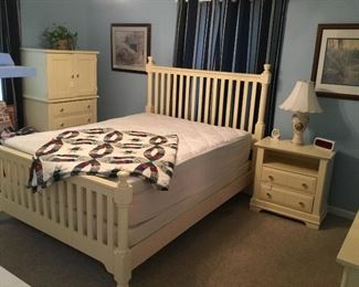 This Bedroom Suite is perfect for the Master Suite or Guest Room. This four piece set includes Queen Bed, Upright Chest with small Closet Door and Drawers, Night Stand Table, and Dresser with Mirror. All priced to sell first day of the Sale.