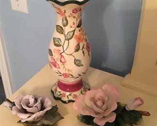 Beautiful Floral Vase and two ceramic decorative flowers. A great combo or a piece that would fit in any room