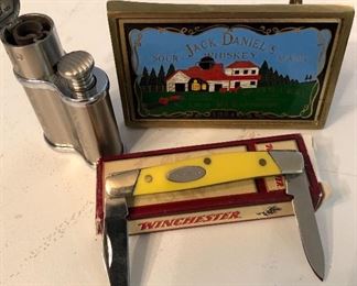 Vintage Jack Daniels Belt Solid Brass Buckle, Winchester Double Blade Knife in Original Box, and a 50’s Cigarette Lighter. Just in time for Father’s Day.