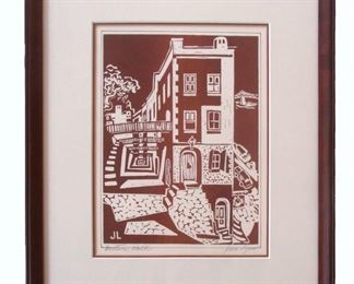 Midcentury Architectural Woodblock Print, signed