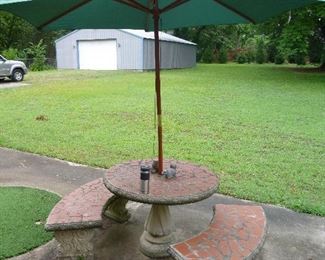 great cement patio table, benches & umbrella