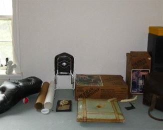 seat for a Harley, vintage leather pilot's flight bag, Coleman stuff & more