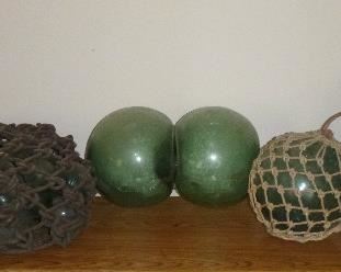 Vintage Japanese glass fishing net floats, including hard to find binary glass float, some have Maker's Marks