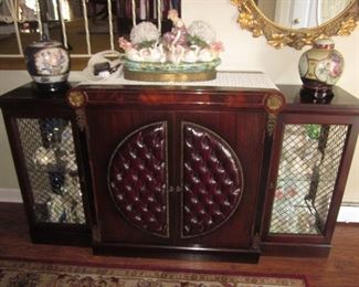 Burgundy Red Leather Tufted Front Mahogany Bar/Entertainment/Cabinet
