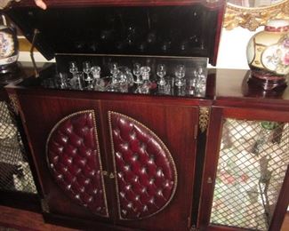 Burgundy Red Leather Tufted Front Mahogany Bar/Entertainment/Cabinet