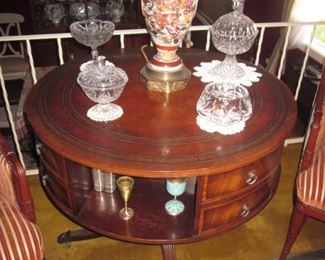 Antique Leather Top Rotating Drum Table and everything on it!