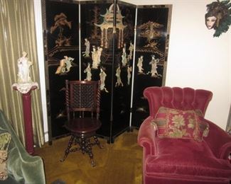 Huge Asian Collection Japanese Room Divider Screen Pedestals ~ Antique Victorian High Back Swivel Piano Seat