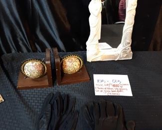 Vintage Leather Gloves, a Mirror, 2 Book Ends