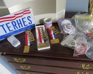 a small sampling of the political items that include 4 RNC convention pins belonging to Ms. Terhes.