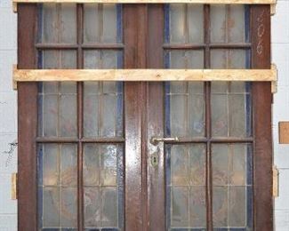 French Louis XV Stain Glass & Walnut Double Doors