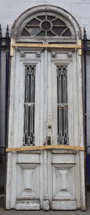 French Oak Entry Door with Stained Glass Transom