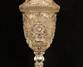 Large brilliant cut Bohemian lidded chalice engraved 1939