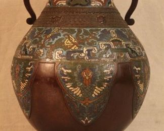 Large antique Japanese bronze and enamel vase