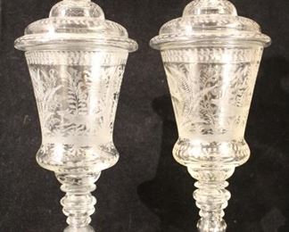 Pair antique Bohemian etched glass lidded chalices