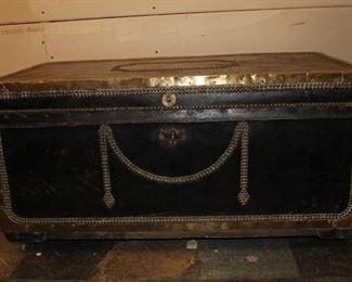 Antique English brass and leather trunk