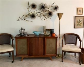 Mid Century stereo credenza cabinet, large signed Curtis Jere Pom Pom Wheat wall sculpture & vintage brass floor lamp.