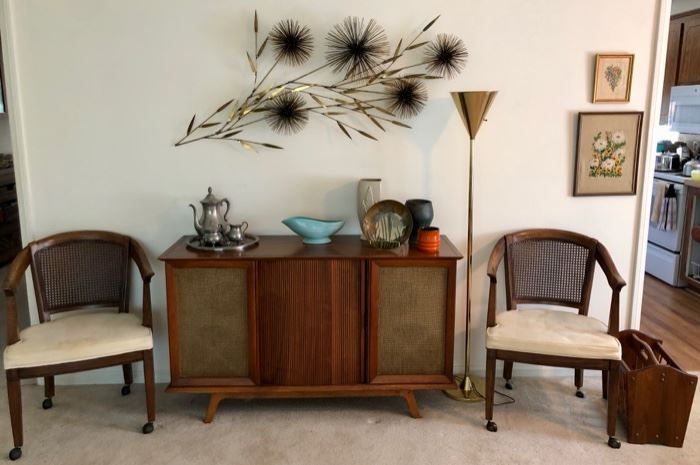 Mid Century stereo credenza cabinet, large signed Curtis Jere Pom Pom Wheat wall sculpture & vintage brass floor lamp.