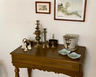 Piano hinge desk with original watercolor paintings.