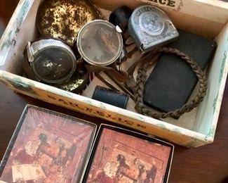 Box of vintage odds-and-ends and book labels.
