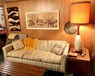 That 70's make-out couch, slat bench and mod lamp.