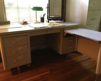 Vintage metal desk with slide out and metal file cabinets