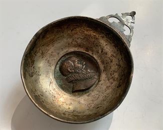 Antique medal (made in 1819) of Ambroise Pare (1509-1590), a French surgeon, incorporated into a hand crafted - possibly Porringer Porridge bowl