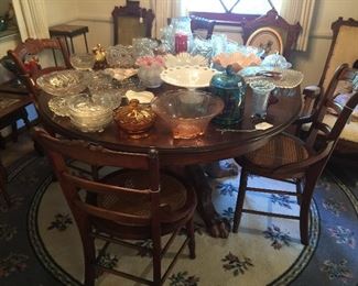 CLAW FOOT TABLE AND VINTAGE GLASS