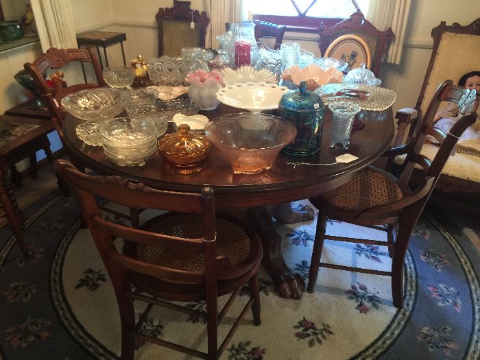 CLAW FOOT TABLE AND VINTAGE GLASS