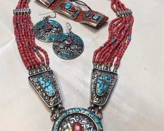 #158             Persian Silver Jewelry                                                  
                          Turquoise/ Coral     $550.set