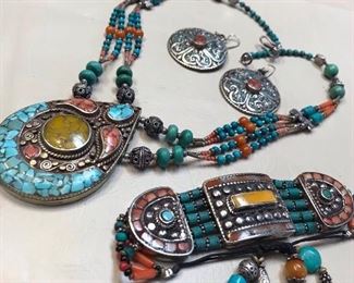 #159         Persian Silver  Turquoise /Coral / Amber 
                                  Jewelry      $575.  set