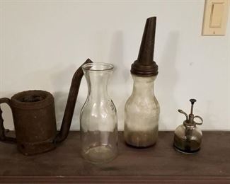 Vintage oil items and milk bottle