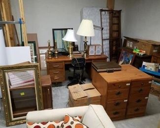 Vintage wood desk, wood tile cabinets, lamps, pictures, etc