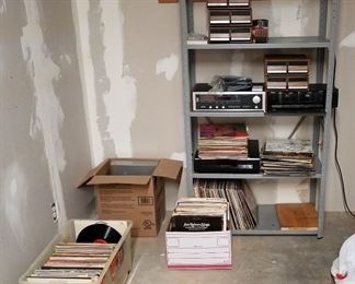 Old record albums, metal rack, etc