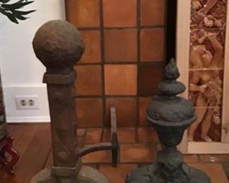 Two Sets of Antique Andirons   Bronze and Cast Iron