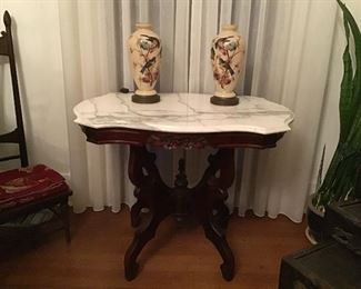 Pair of Bristol Glass Lamps, Victorian Marble Top Parlor Table