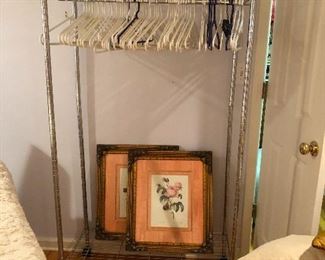 portable clothing rack and framed pictures of intestinal parasites! (or something, I can't tell)