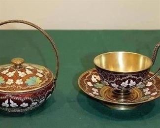 Persian Enamel on Silver w/Gold Wash Basket and Cup & Saucer