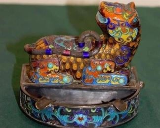 Chinese Hand Spun Silver w/Gold Wash and Enamel Ashtray