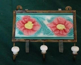 Early 20th C Tile in Brass Coat Hook