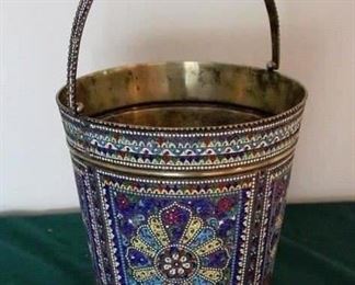 Persian Silver w/Gold Wash Enameled Bucket