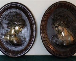 Pair Bronze Lady Plaques