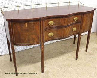  — ABSOLUTELY GORGEOUS –

“Henkel Harris Furniture” Burl Mahogany Serpentine Front Inlaid

 with Bell Flower Inlay 2 Drawer 2 Door Taper Leg Buffet with Brass Gallery

Auction Estimate $1000-$2000 – Located Inside 