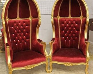  BEAUTIFUL PAIR of French Style Carved Gold Painted Red Upholstered Button Tufted Hooded Arm Chairs

Auction Estimate $1000-$2000 – Located Inside

  