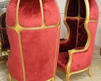  BEAUTIFUL PAIR of French Style Carved Gold Painted Red Upholstered Button Tufted Hooded Arm Chairs

Auction Estimate $1000-$2000 – Located Inside

  