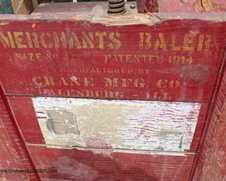 ANTIQUE “Merchants Baler Crane Mfg. Co. Ill.” Patent 1914 Paper Baler with Original Paint and Stencil in Original Found Condition

Auction Estimate $200-$400 – Located Field 