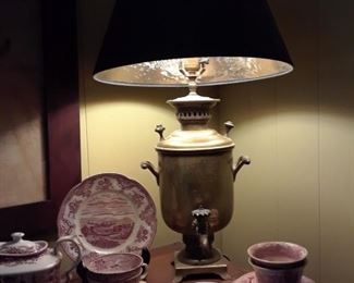 Red transferware, copper urn made into lamp