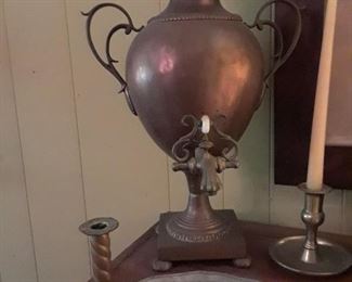 Copper urn with brass and glass fittings