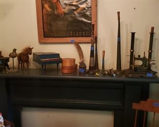 Old horns, sewing machine, and other toys