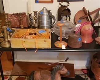 Candlesticks, hat stand. Horse tricycle, pewter tankard, lantern, pressed glass, and more